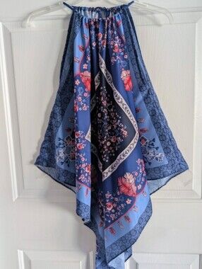 Halter Scarf Tank Top Blue Print Bandana Skies Are Blue Festival Boho Cover-up